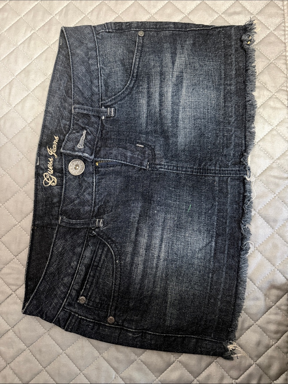 GUESS Dark Wash Denim Mini Skirt with Frayed Hem